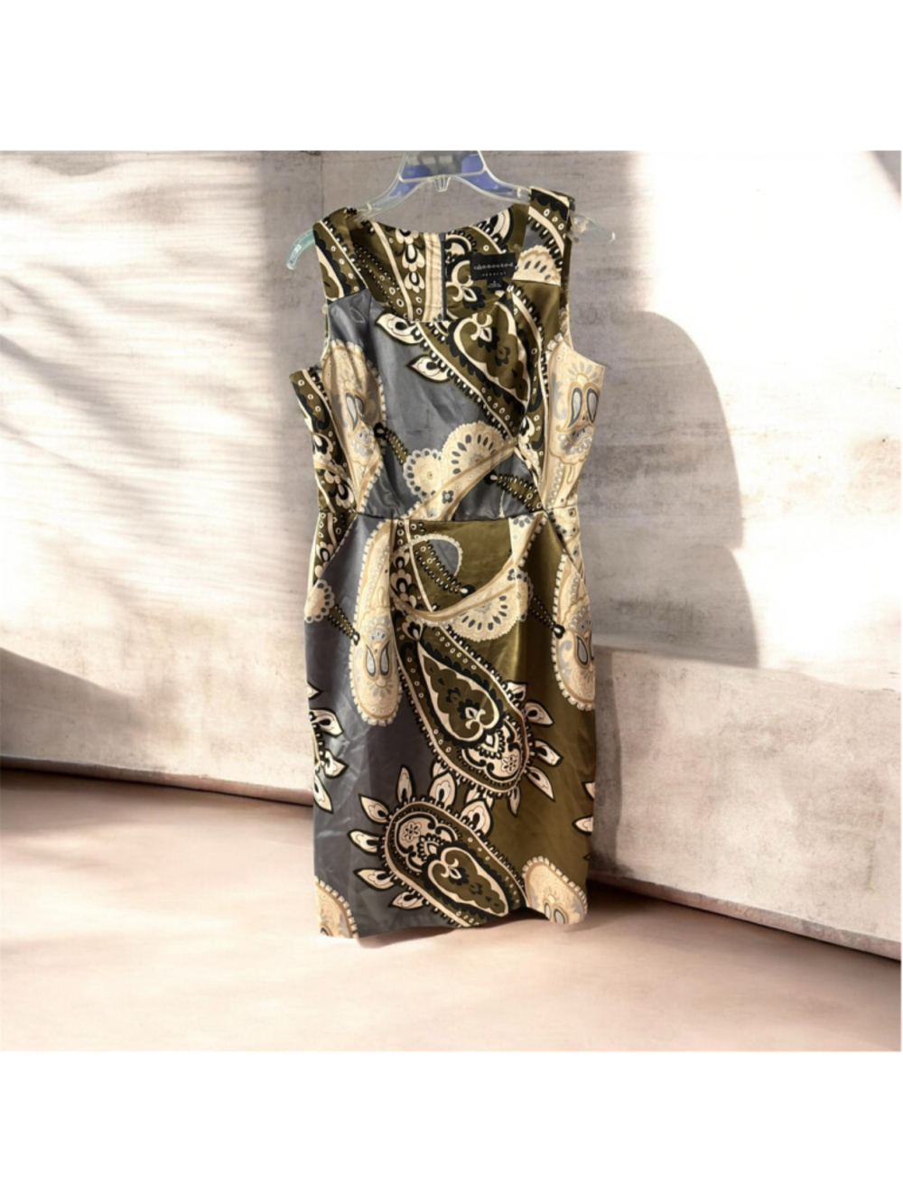 Women's Connected Apparel Paisley Midi Dress Size 8 Olive Grey